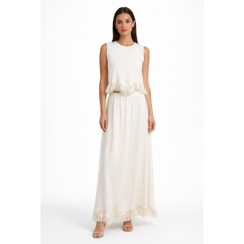 Y2K Ivory Fringe Maxi Skirt Sleeveless Set Boho 2Pc medium